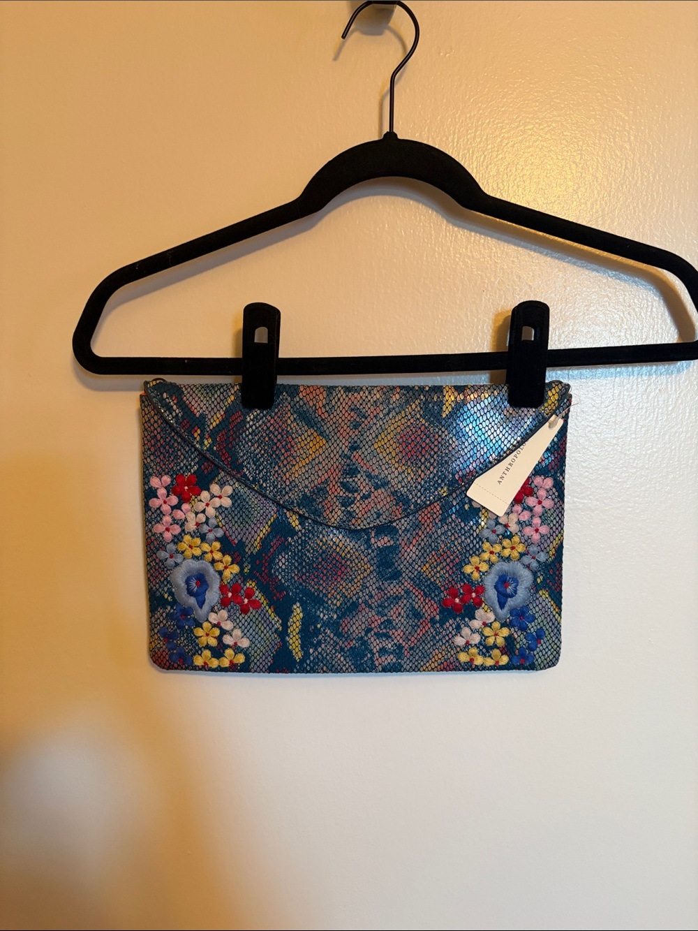 Anthropologie Blue Floral Faux-Snakeskin Envelope Clutch